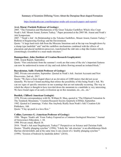 First page of Summary of Scientists' Differing Views About the Durupınar Boat-Shaped Formation