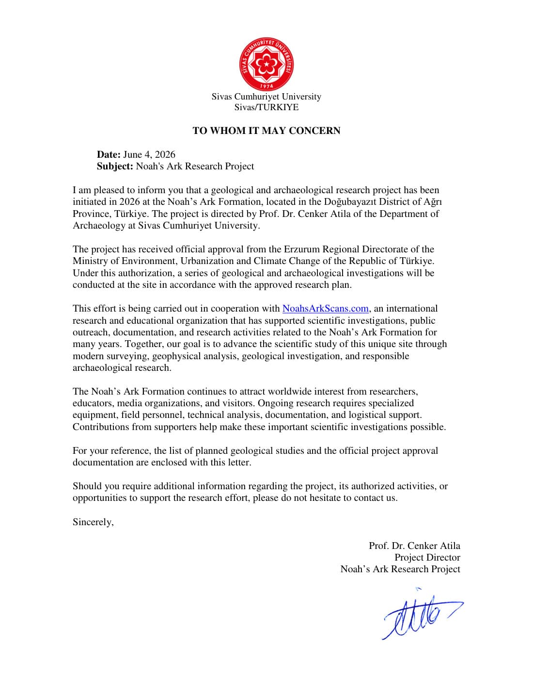 Official 2026 authorization letter for the Noah's Ark Research Project from Sivas Cumhuriyet University, signed by Prof. Dr. Cenker Atila