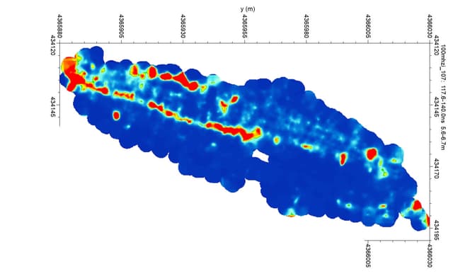 100 MHz ground-penetrating radar scan showing possible tunnel-like features in red