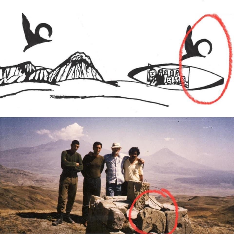 Top drawing made by Ron Wyatt of the petroglyphs he saw. Below is a photo taken in 1984 showing Ron Wyatt behind one of the border markers with what he believed to be pieces of the original stone stele.