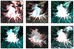 Digitized outlines of Mount Ağrı Ice Cap from (A) 1976 Landsat MSS, (B) 1984 Landsat TM, (C) 1989 Landsat TM, (D) 2000 Landsat ETM+, (E) 2002 ASTER and (F) 2011 ASTER imagery. For the Landsat images false-color composite (RGB = Bands432) were presented. 2000 ASTER image is the band ratio of ASTER3/ASTER4. 2011 image is also a false-color composite (RGB = Bands321). Calculated planimetric areas and 10% digitization error of the ice cap are given on the lower right corners of the images. Topographic contour intervals in (F) are in every 250 m.
